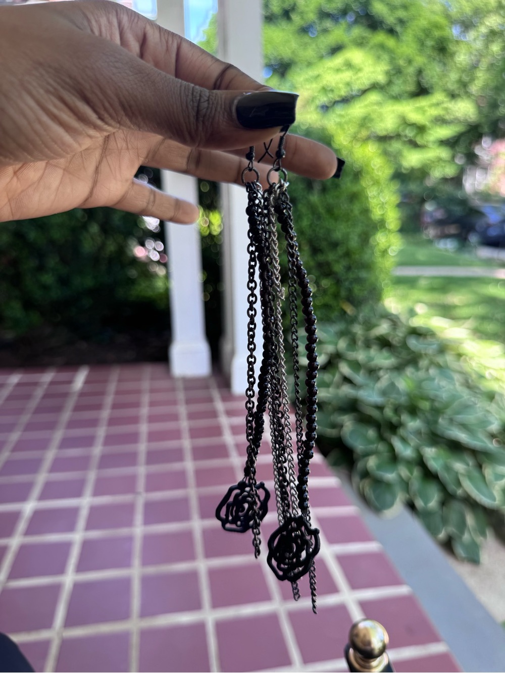 Black Long Chain Rose Dangle Earrings